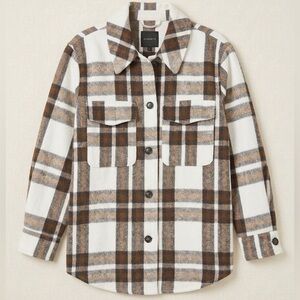Dynamite White and Brown Plaid Button-Down Shacket